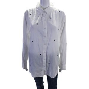 Sundry Womens Cotton Collar Button Up Graphic Printed Blouse White Size 3
